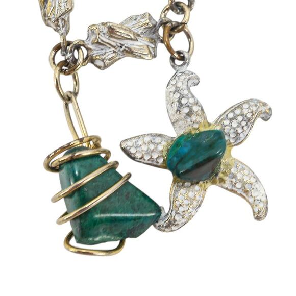 Ornate Figural Mid Century Charm Bracelet Nautical Style Shells Green Stones 7” - Picture 5 of 7